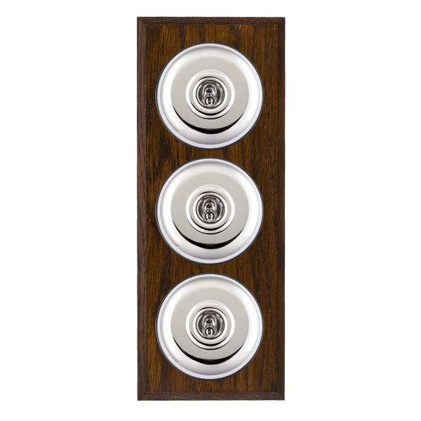 Bloomsbury Chamfered Dark Oak 3 gang 20AX 2 Way Toggle Bright Chrome Plain Dome/Black Collar