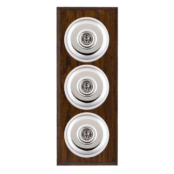 Bloomsbury Chamfered Dark Oak 3 gang 20AX 2 Way Toggle Bright Chrome Plain Dome/White Collar