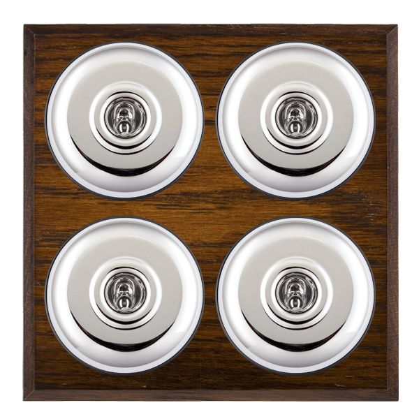 Bloomsbury Chamfered Dark Oak 4 gang 20AX 2 Way Toggle Bright Chrome Plain Dome/Black Collar