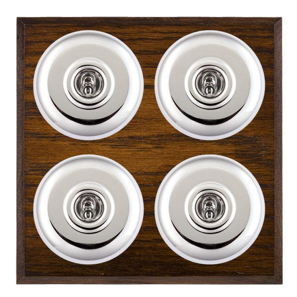 Bloomsbury Chamfered Dark Oak 4 gang 20AX 2 Way Toggle Bright Chrome Plain Dome/White Collar