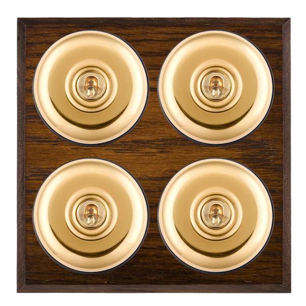 Bloomsbury Chamfered Dark Oak 4 gang 20AX 2 Way Toggle Polished Brass Plain Dome/Black Collar