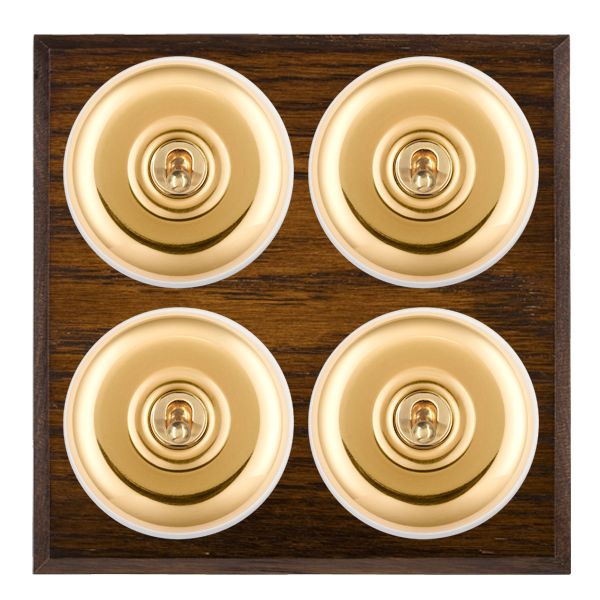 Bloomsbury Chamfered Dark Oak 4 gang 20AX 2 Way Toggle Polished Brass Plain Dome/White Collar