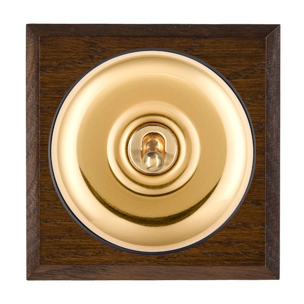 Bloomsbury Chamfered Dark Oak 1 gang 20AX Double Pole Toggle Polished Brass Plain Dome/Black Collar