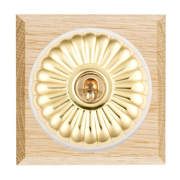 Bloomsbury Chamfered Light Oak 1 gang 20AX 2 Way Toggle Polished Brass Fluted Dome/White Collar