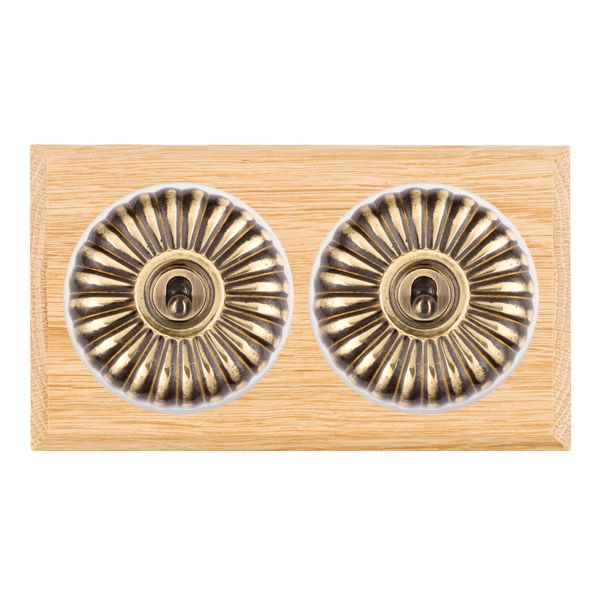 Bloomsbury Chamfered Light Oak 2 gang 20AX 2 Way Toggle Antique Brass Fluted Dome/White Collar