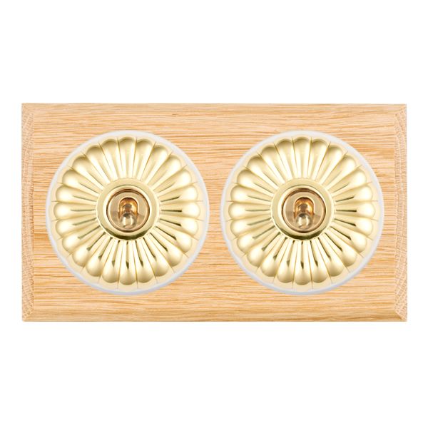 Bloomsbury Chamfered Light Oak 2 gang 20AX 2 Way Toggle Polished Brass Fluted Dome/White Collar
