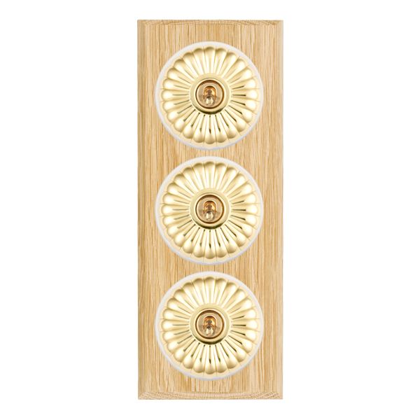 Bloomsbury Chamfered Light Oak 3 gang 20AX 2 Way Toggle Polished Brass Fluted Dome/White Collar