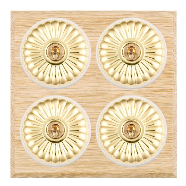 Bloomsbury Chamfered Light Oak 4 gang 20AX 2 Way Toggle Polished Brass Fluted Dome/White Collar