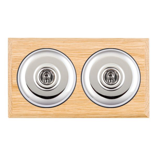 Bloomsbury Chamfered Light Oak 2 gang 20AX 2 Way Toggle Bright Chrome Plain Dome/Black Collar