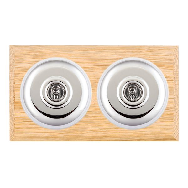 Bloomsbury Chamfered Light Oak 2 gang 20AX 2 Way Toggle Bright Chrome Plain Dome/White Collar