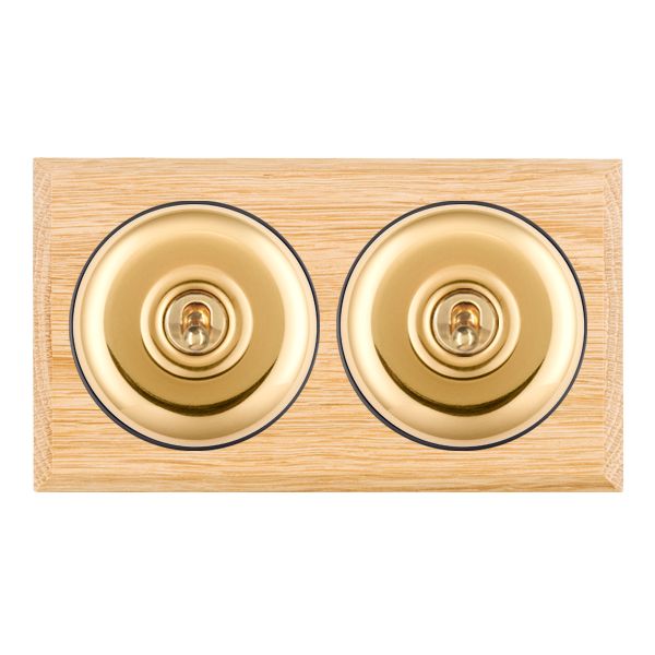 Bloomsbury Chamfered Light Oak 2 gang 20AX 2 Way Toggle Polished Brass Plain Dome/Black Collar