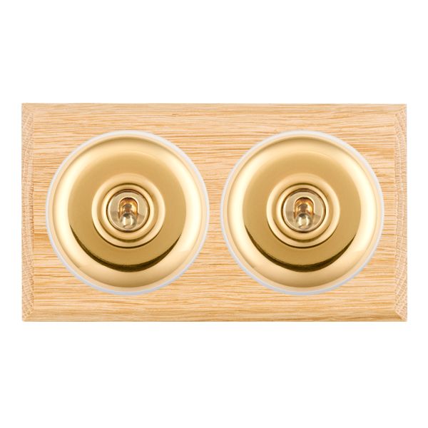Bloomsbury Chamfered Light Oak 2 gang 20AX 2 Way Toggle Polished Brass Plain Dome/White Collar