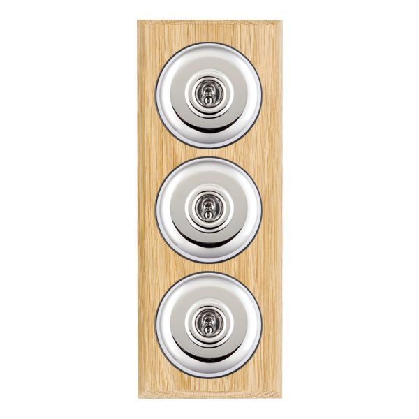 Bloomsbury Chamfered Light Oak 3 gang 20AX 2 Way Toggle Bright Chrome Plain Dome/Black Collar