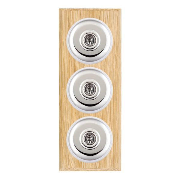 Bloomsbury Chamfered Light Oak 3 gang 20AX 2 Way Toggle Bright Chrome Plain Dome/White Collar