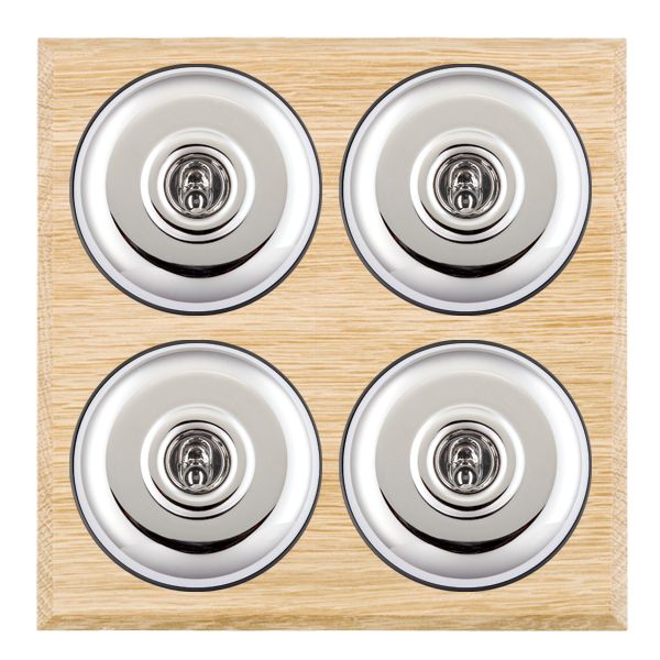 Bloomsbury Chamfered Light Oak 4 gang 20AX 2 Way Toggle Bright Chrome Plain Dome/Black Collar