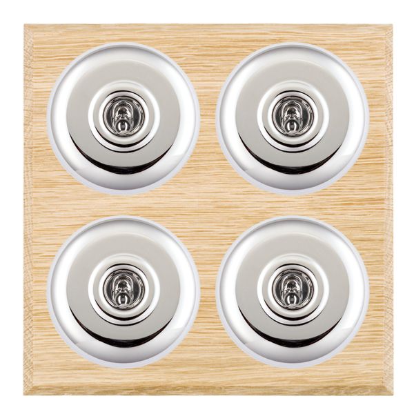 Bloomsbury Chamfered Light Oak 4 gang 20AX 2 Way Toggle Bright Chrome Plain Dome/White Collar