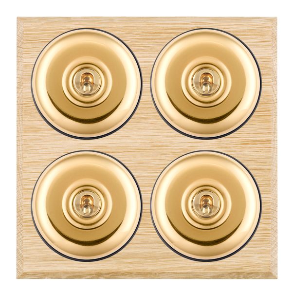 Bloomsbury Chamfered Light Oak 4 gang 20AX 2 Way Toggle Polished Brass Plain Dome/Black Collar