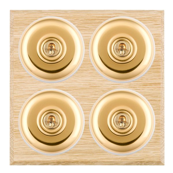 Bloomsbury Chamfered Light Oak 4 gang 20AX 2 Way Toggle Polished Brass Plain Dome/White Collar