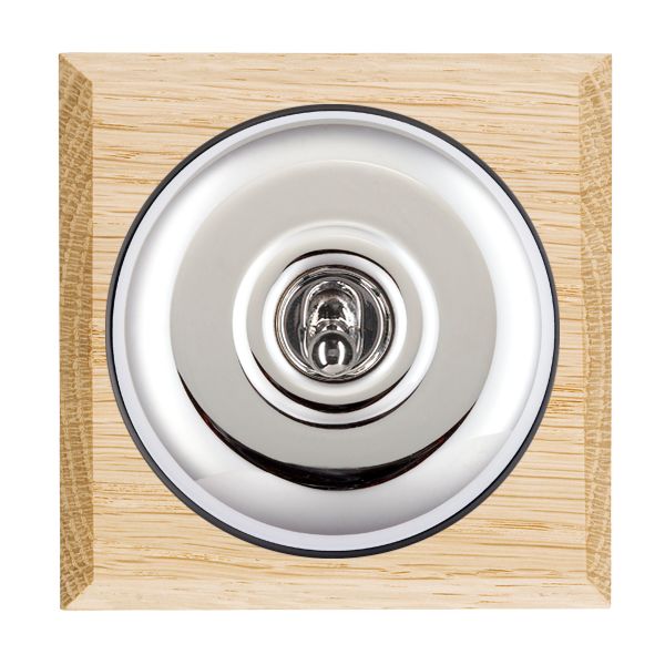 Bloomsbury Chamfered Light Oak 1 gang 20AX Double Pole Toggle Bright Chrome Plain Dome/Black Collar