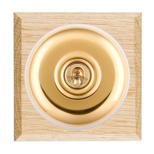 Bloomsbury Chamfered Light Oak 1 gang 20AX Double Pole Toggle Polished Brass Plain Dome/White Collar