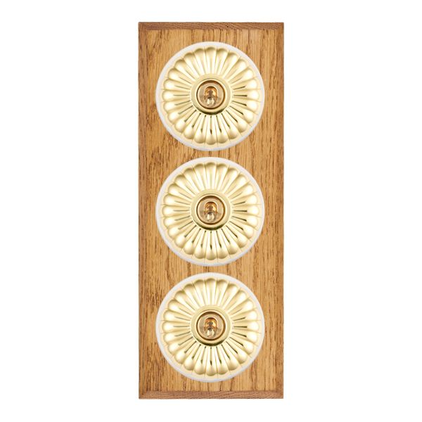 Bloomsbury Chamfered Medium Oak 3 gang 20AX 2 Way Toggle Polished Brass Fluted Dome/White Collar