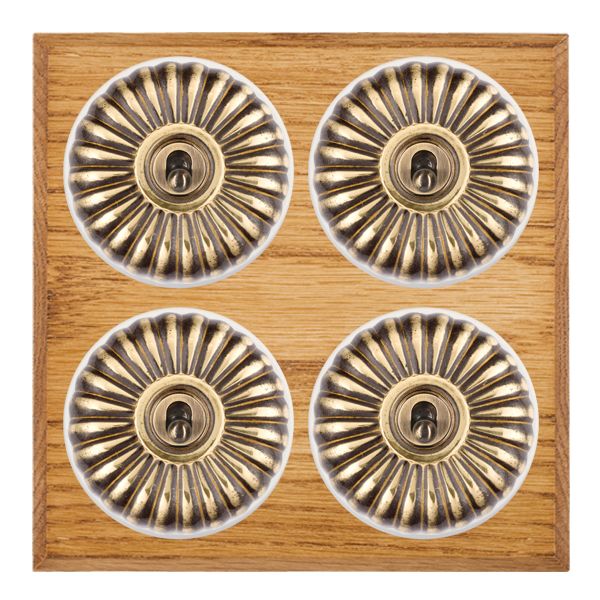 Bloomsbury Chamfered Medium Oak 4 gang 20AX 2 Way Toggle Antique Brass Fluted Dome/White Collar