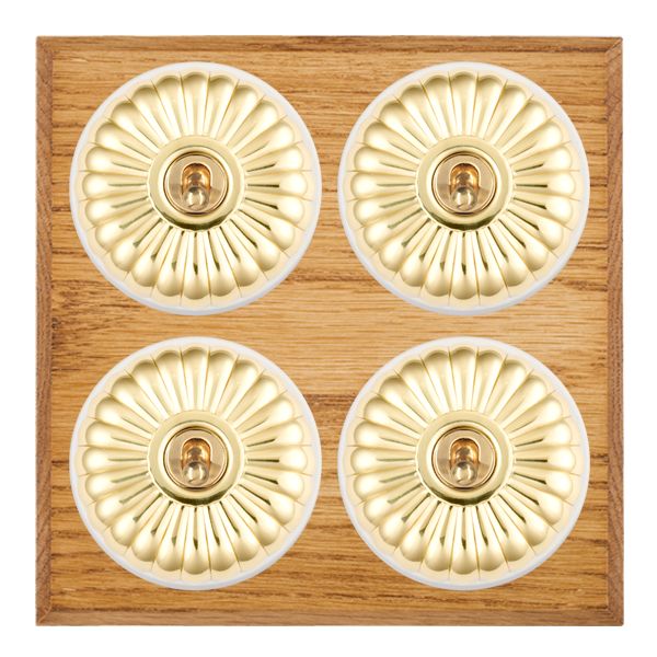 Bloomsbury Chamfered Medium Oak 4 gang 20AX 2 Way Toggle Polished Brass Fluted Dome/White Collar