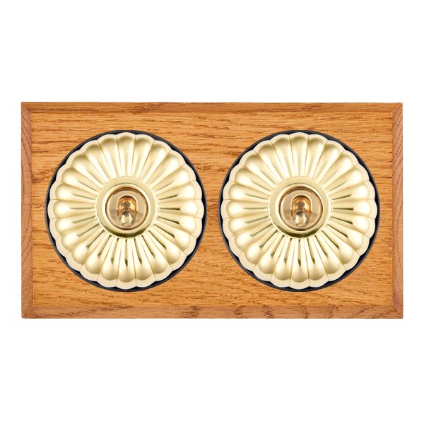 Bloomsbury Chamfered Medium Oak 2 gang 20AX Intermediate Toggle Polished Brass Fluted Dome/Black Collar
