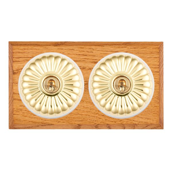 Bloomsbury Chamfered Medium Oak 2 gang 20AX Intermediate Toggle Polished Brass Fluted Dome/White Collar