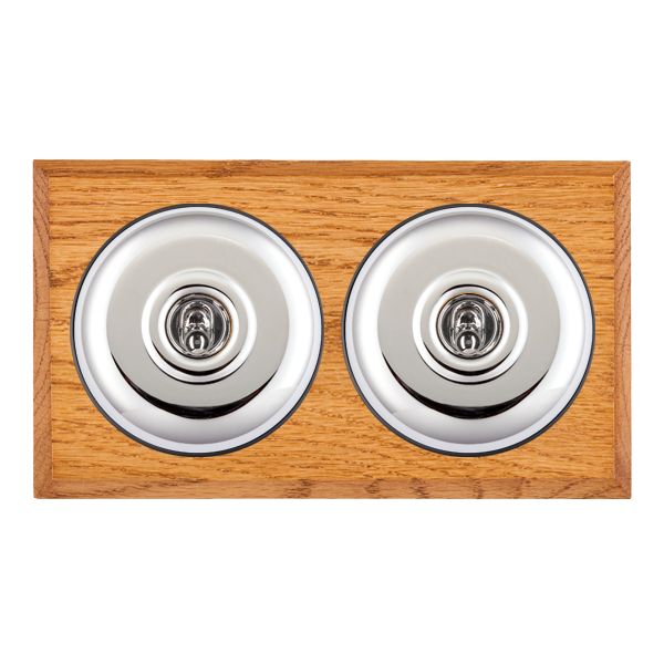 Bloomsbury Chamfered Medium Oak 2 gang 20AX 2 Way Toggle Bright Chrome Plain Dome/Black Collar