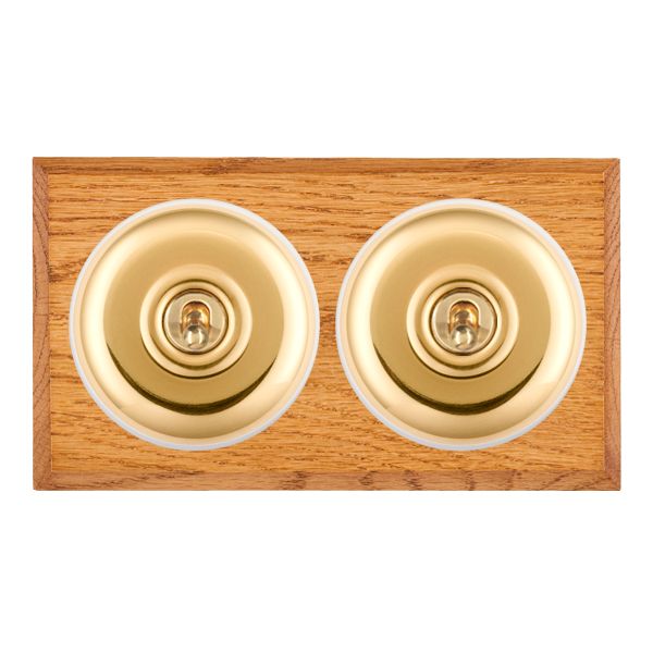Bloomsbury Chamfered Medium Oak 2 gang 20AX 2 Way Toggle Polished Brass Plain Dome/White Collar