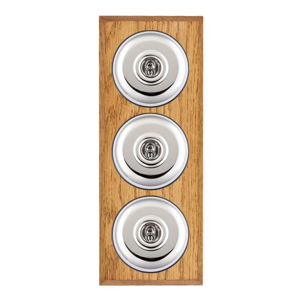 Bloomsbury Chamfered Medium Oak 3 gang 20AX 2 Way Toggle Bright Chrome Plain Dome/Black Collar