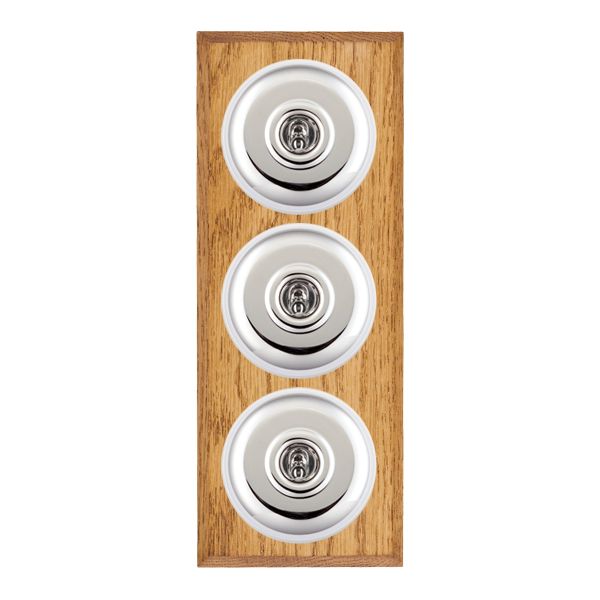 Bloomsbury Chamfered Medium Oak 3 gang 20AX 2 Way Toggle Bright Chrome Plain Dome/White Collar