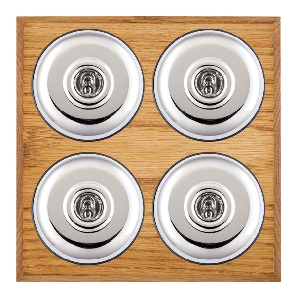Bloomsbury Chamfered Medium Oak 4 gang 20AX 2 Way Toggle Bright Chrome Plain Dome/Black Collar