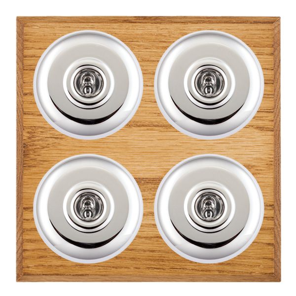 Bloomsbury Chamfered Medium Oak 4 gang 20AX 2 Way Toggle Bright Chrome Plain Dome/White Collar
