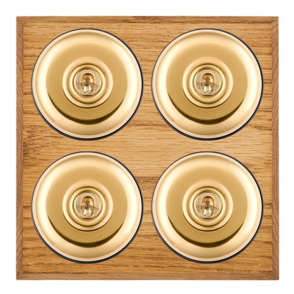 Bloomsbury Chamfered Medium Oak 4 gang 20AX 2 Way Toggle Polished Brass Plain Dome/Black Collar