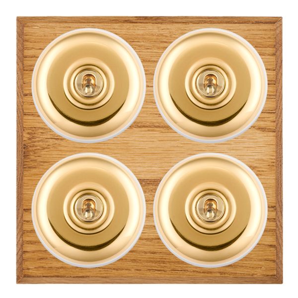 Bloomsbury Chamfered Medium Oak 4 gang 20AX 2 Way Toggle Polished Brass Plain Dome/White Collar