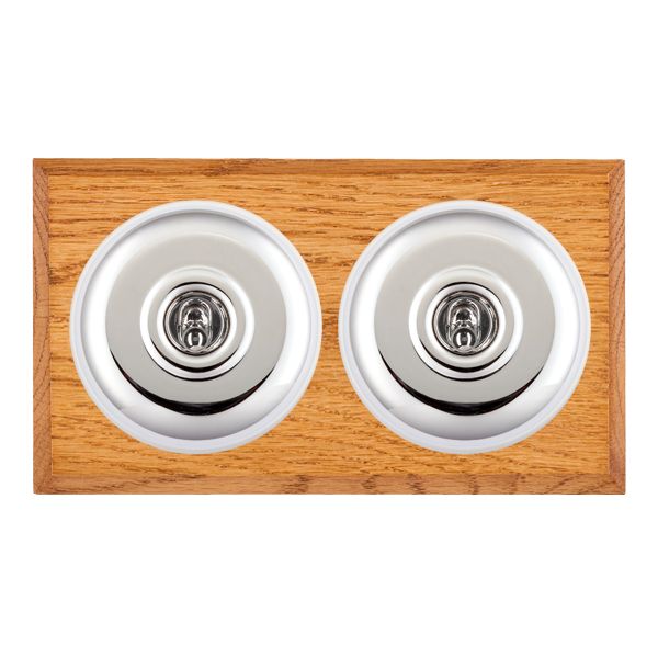 Bloomsbury Chamfered Medium Oak 2 gang 20AX Intermediate Toggle Bright Chrome Plain Dome/White Collar