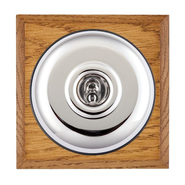 Bloomsbury Chamfered Medium Oak 1 gang 20AX Double Pole Toggle Bright Chrome Plain Dome/Black Collar
