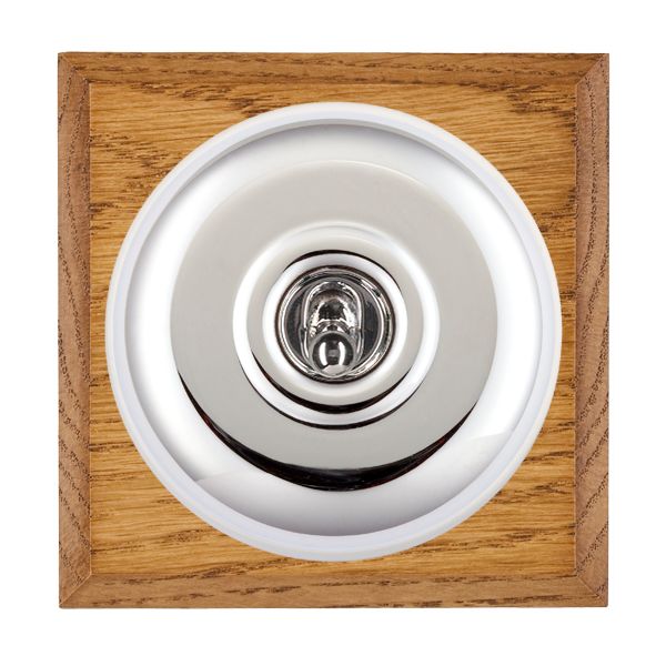 Bloomsbury Chamfered Medium Oak 1 gang 20AX Double Pole Toggle Bright Chrome Plain Dome/White Collar