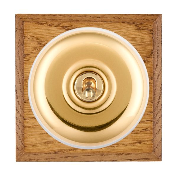 Bloomsbury Chamfered Medium Oak 1 gang 20AX Double Pole Toggle Polished Brass Plain Dome/White Collar