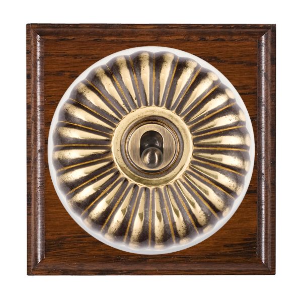 Bloomsbury Ovolo Antique Mahogany 1 gang 20AX 2 Way Toggle Antique Brass Fluted Dome/White Collar
