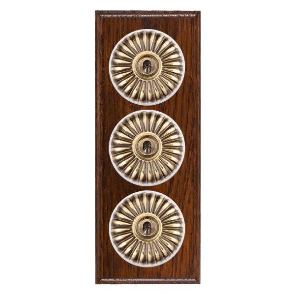 Bloomsbury Ovolo Antique Mahogany 3 gang 20AX 2 Way Toggle Antique Brass Fluted Dome/White Collar