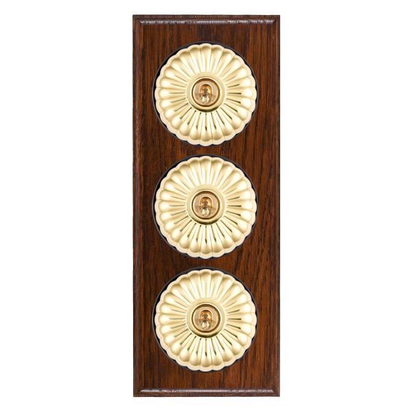 Bloomsbury Ovolo Antique Mahogany 3 gang 20AX 2 Way Toggle Polished Brass Fluted Dome/Black Collar