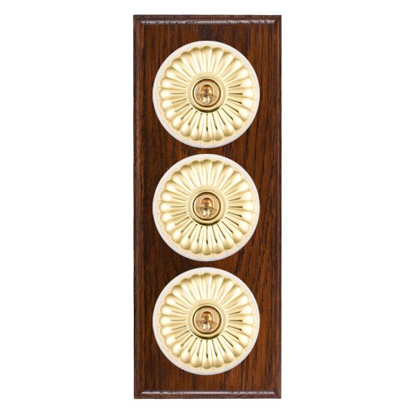 Bloomsbury Ovolo Antique Mahogany 3 gang 20AX 2 Way Toggle Polished Brass Fluted Dome/White Collar