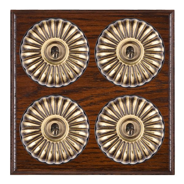 Bloomsbury Ovolo Antique Mahogany 4 gang 20AX 2 Way Toggle Antique Brass Fluted Dome/Black Collar