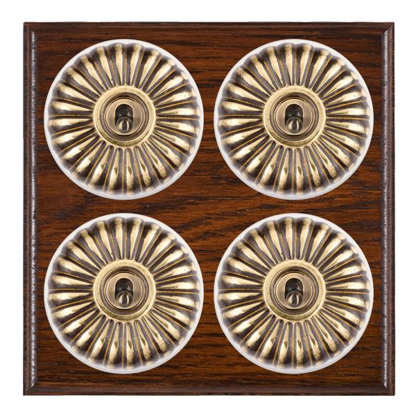 Bloomsbury Ovolo Antique Mahogany 4 gang 20AX 2 Way Toggle Antique Brass Fluted Dome/White Collar