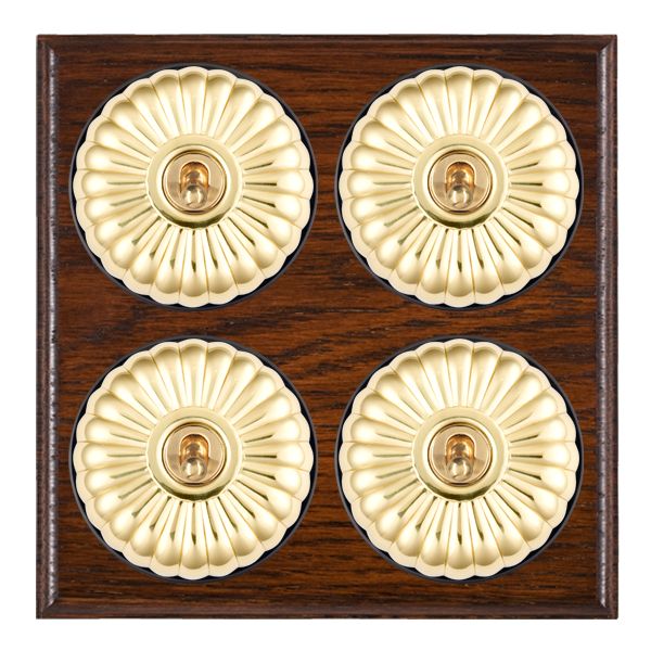 Bloomsbury Ovolo Antique Mahogany 4 gang 20AX 2 Way Toggle Polished Brass Fluted Dome/Black Collar