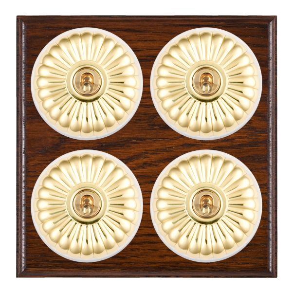 Bloomsbury Ovolo Antique Mahogany 4 gang 20AX 2 Way Toggle Polished Brass Fluted Dome/White Collar
