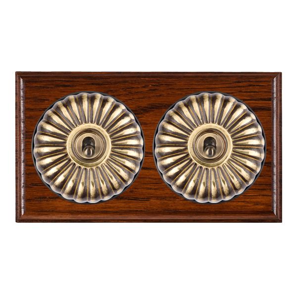 Bloomsbury Ovolo Antique Mahogany 2 gang 20AX Intermediate Toggle Antique Brass Fluted Dome/Black Collar